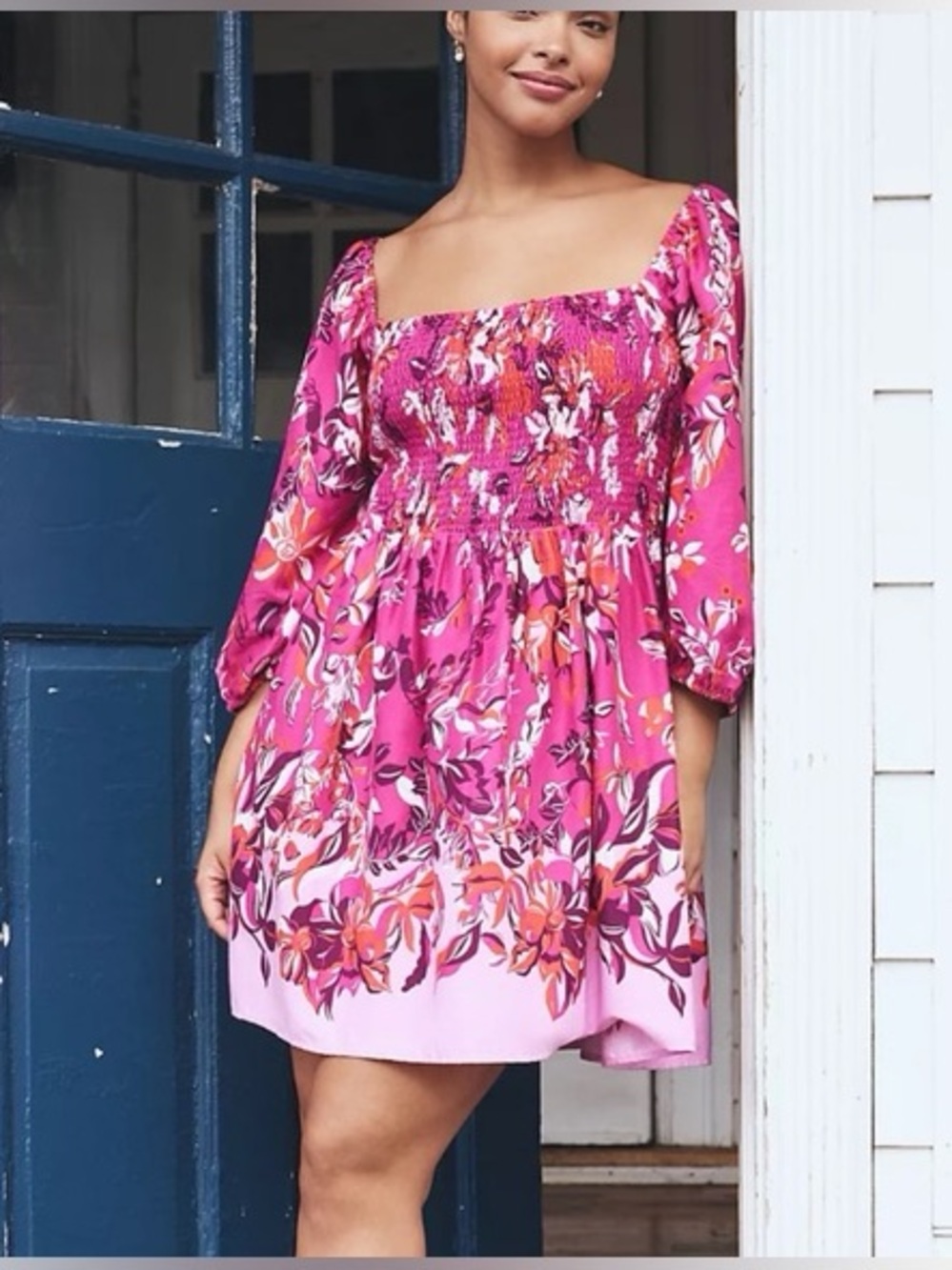 Anthropologie Alexandra Farmer Fuchsia Smocked Floral Dress with Orange Accents